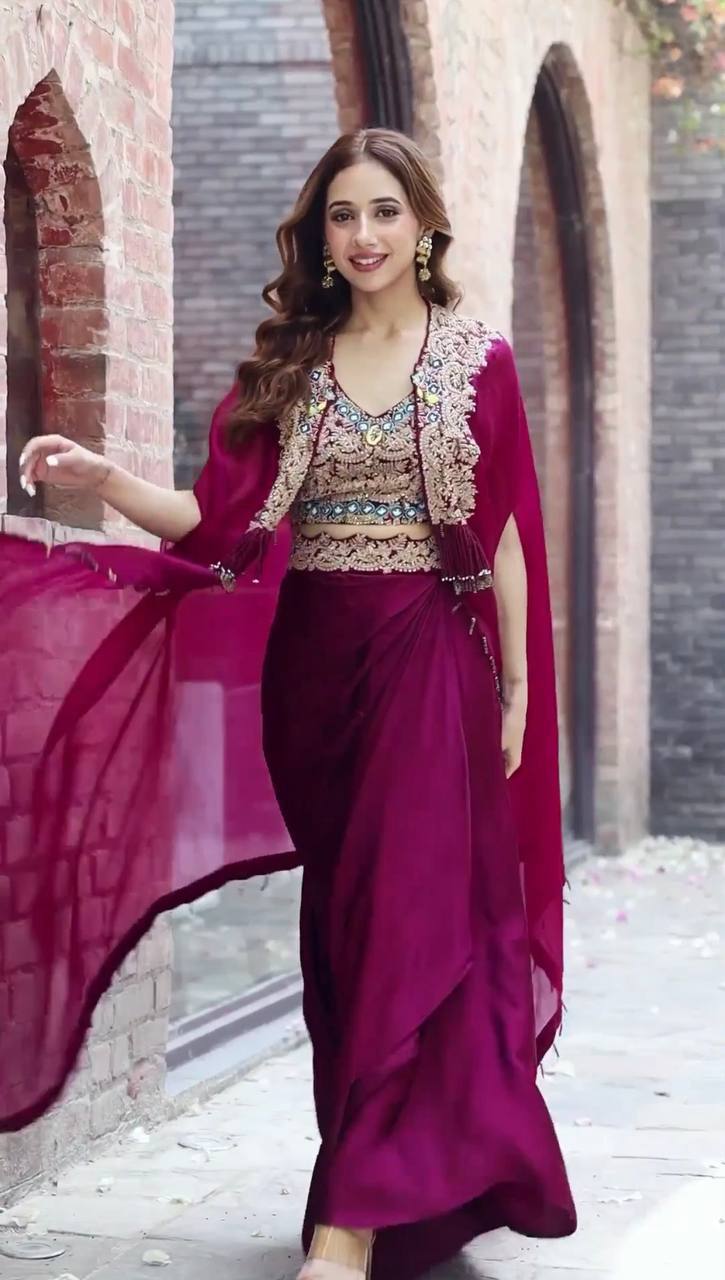 Teeya Creation Rani Color Faux Georgette Heavy Embroidery Work Fully Stitched Shrug Set | Grocsy