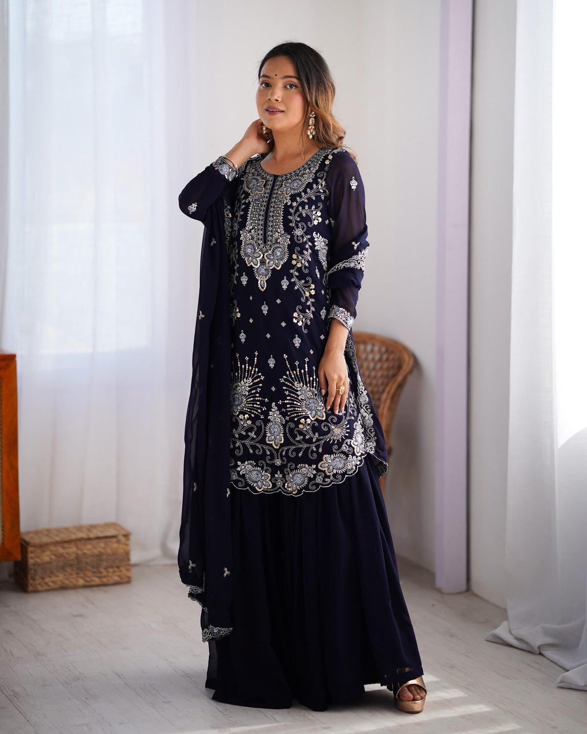 Teeya Creation Dark Purple Color Faux Georgette Heavy Embroidery Work Fully Stitched Sharara Set | Grocsy