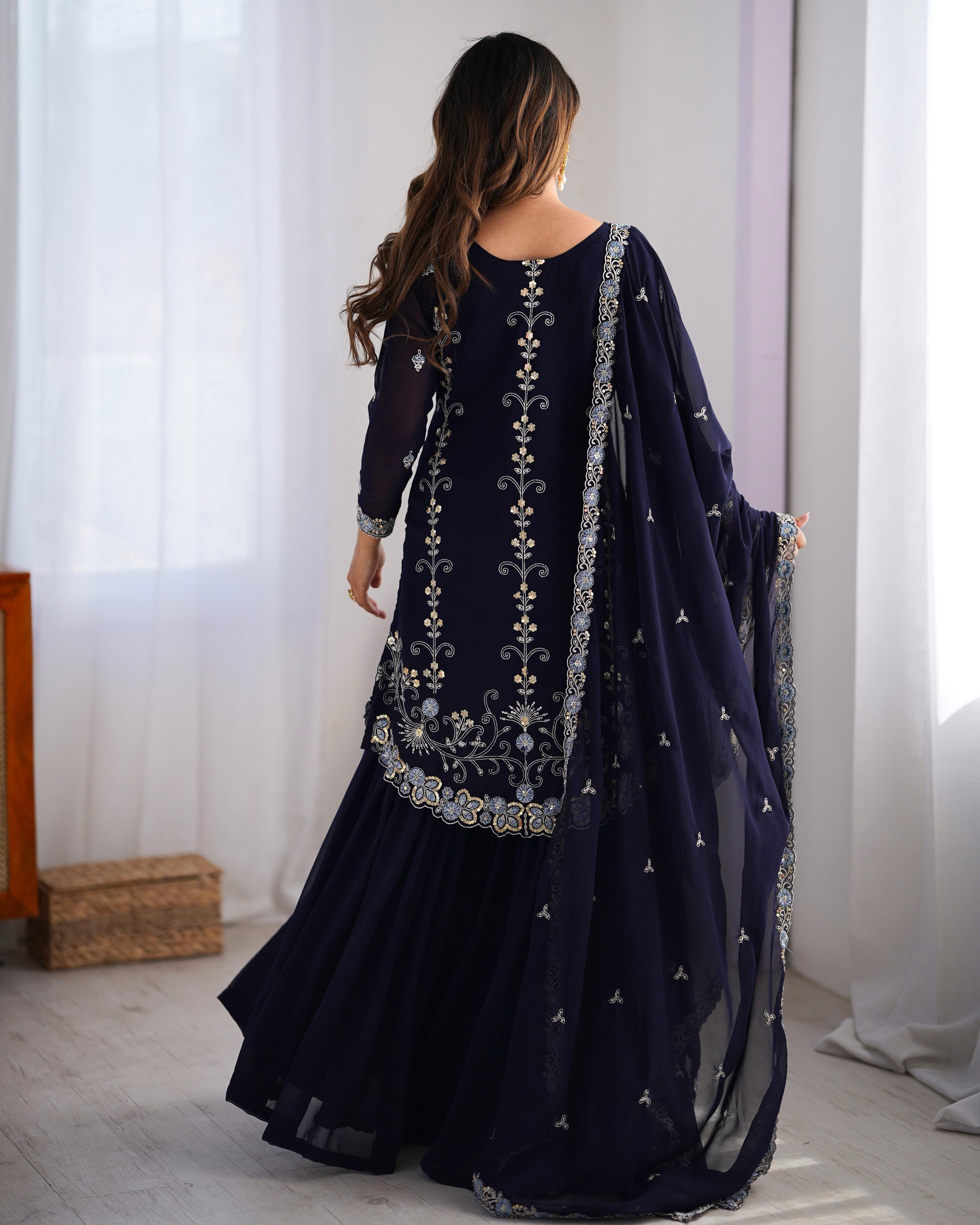 Teeya Creation Dark Purple Color Faux Georgette Heavy Embroidery Work Fully Stitched Sharara Set | Grocsy