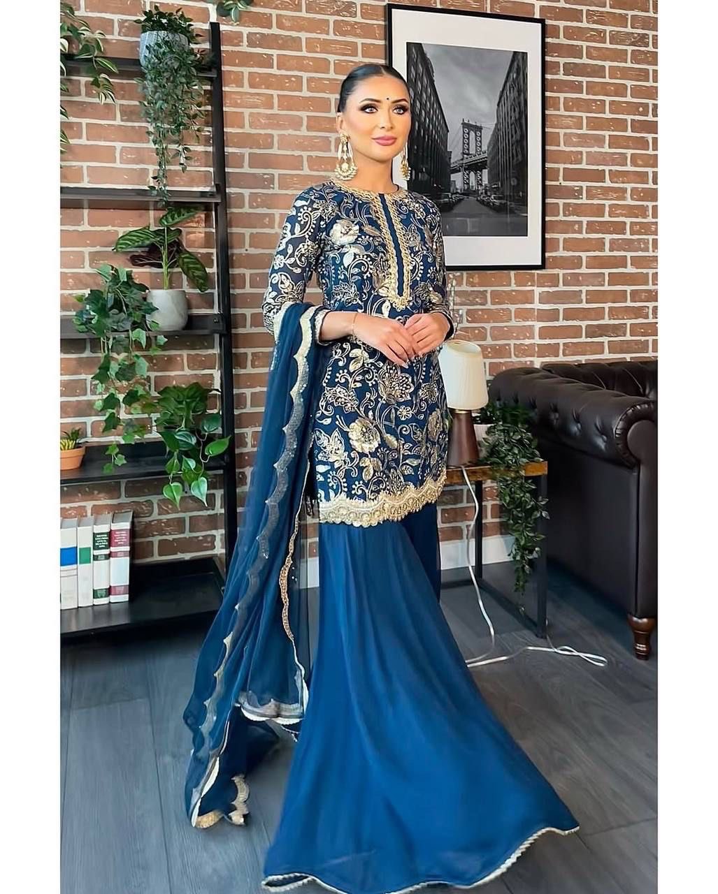 Teeya Creation Blue Color Faux Georgette Heavy Work Fully Stitched Sharara Set | Grocsy