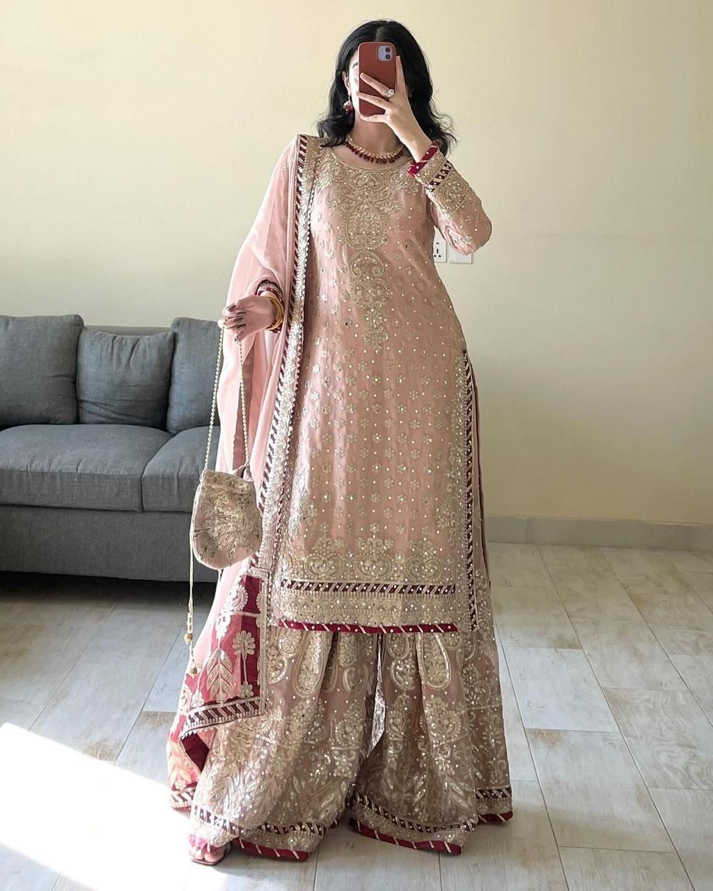 Teeya Creation Peach Color Faux Georgette Heavy Embroidery Work Pakistani Style Fully Stiched Palazo Set | Grocsy
