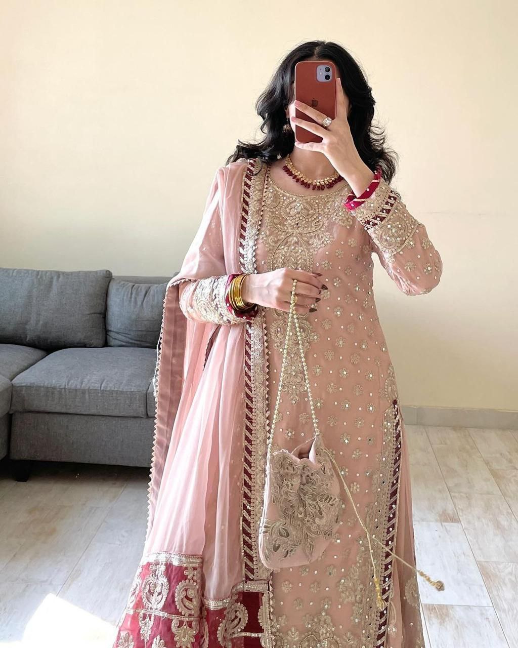 Teeya Creation Peach Color Faux Georgette Heavy Embroidery Work Pakistani Style Fully Stiched Palazo Set | Grocsy