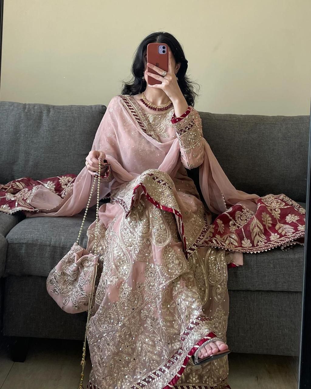 Teeya Creation Peach Color Faux Georgette Heavy Embroidery Work Pakistani Style Fully Stiched Palazo Set | Grocsy