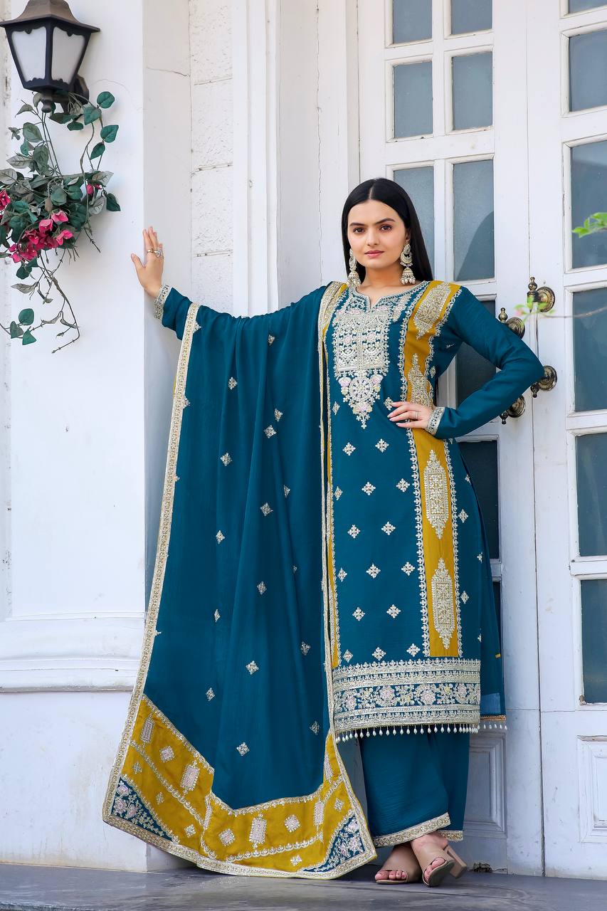 Teeya Creation Teal Color Chinon Silk Heavy Work Fully Stitched Pakistani Salwar Suit | Grocsy