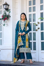 Teeya Creation Teal Color Chinon Silk Heavy Work Fully Stitched Pakistani Salwar Suit | Grocsy