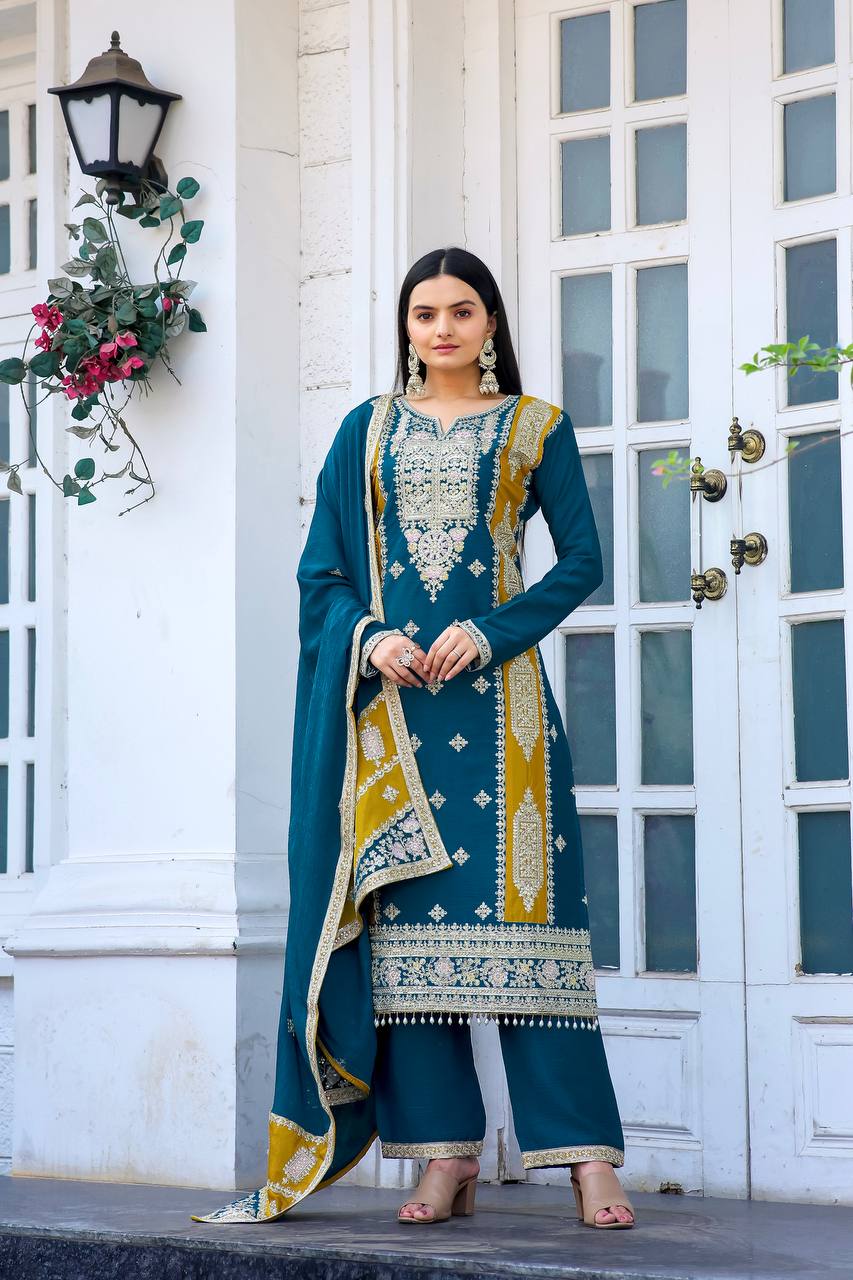 Teeya Creation Teal Color Chinon Silk Heavy Work Fully Stitched Pakistani Salwar Suit | Grocsy