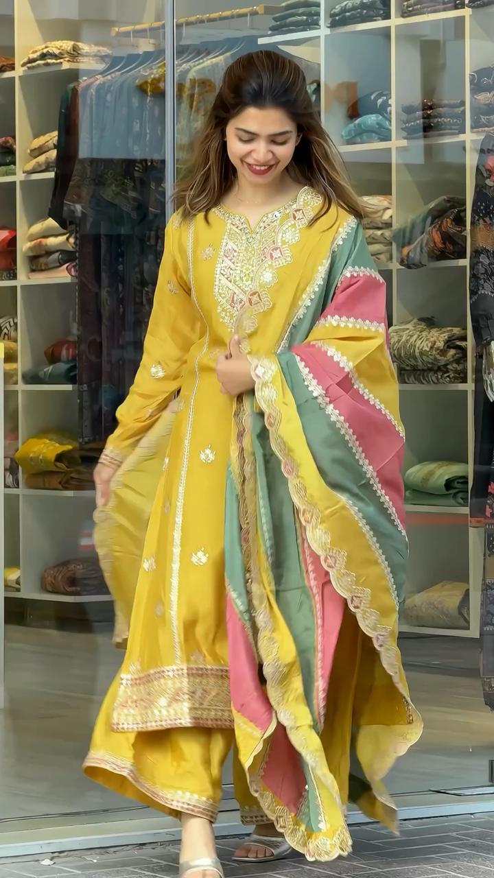 Teeya Creation Yellow Color Faux Georgette Heavy Work Fully Stitched Sharara Set | Grocsy