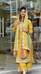 Teeya Creation Yellow Color Faux Georgette Heavy Work Fully Stitched Sharara Set | Grocsy