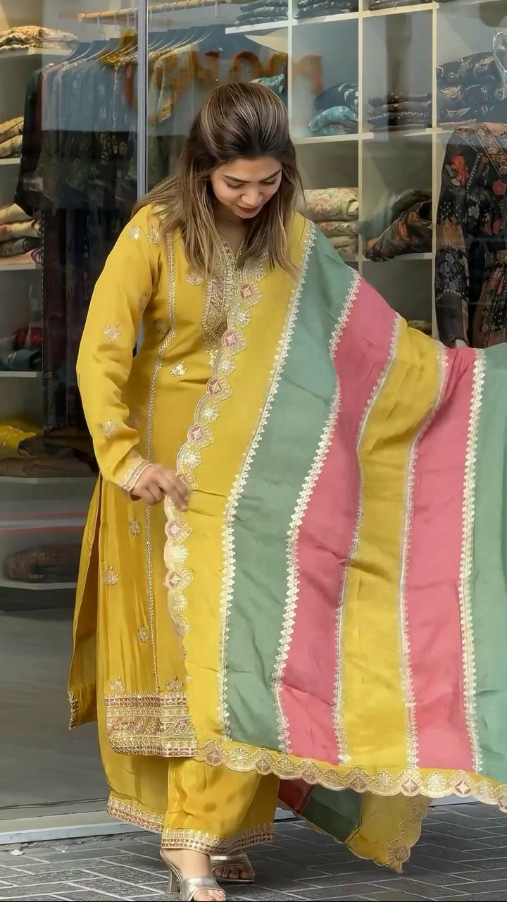 Teeya Creation Yellow Color Faux Georgette Heavy Work Fully Stitched Sharara Set | Grocsy