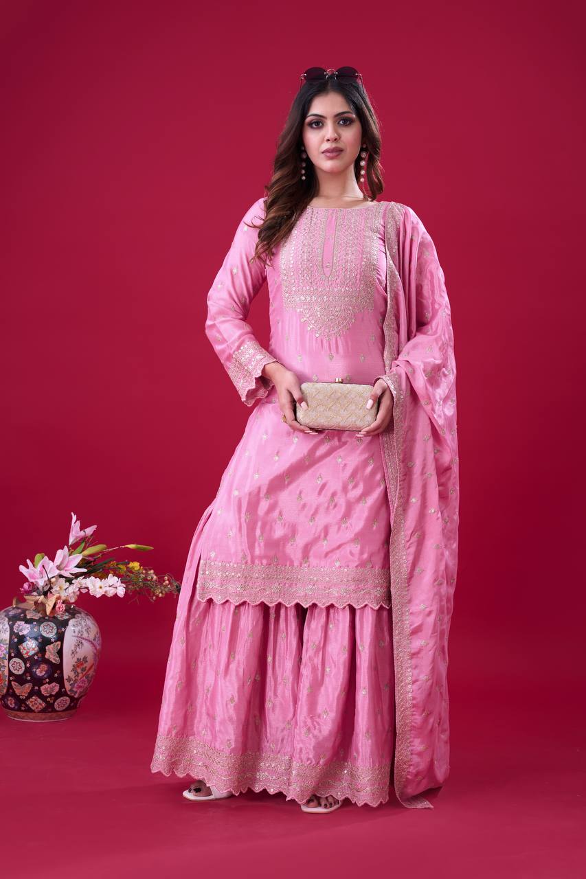 Teeya Creation Baby Pink Color Chinon Silk Heavy Embroidery Work Pakistani Fully Stitched Salwar Suit | Grocsy