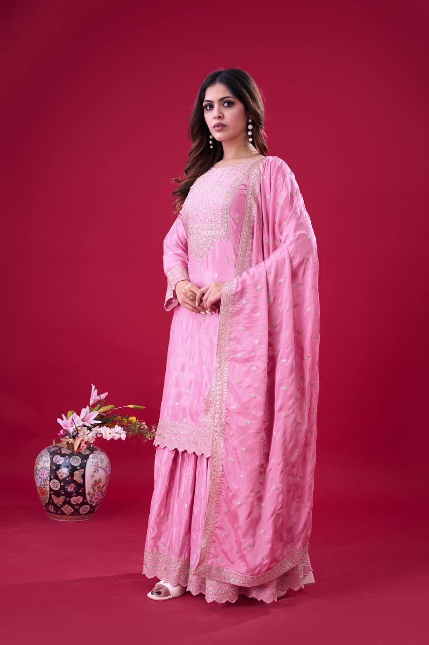 Teeya Creation Baby Pink Color Chinon Silk Heavy Embroidery Work Pakistani Fully Stitched Salwar Suit | Grocsy
