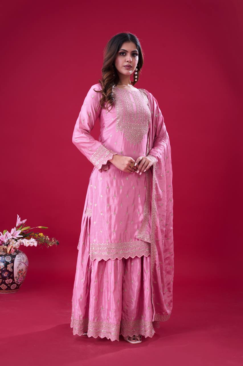 Teeya Creation Baby Pink Color Chinon Silk Heavy Embroidery Work Pakistani Fully Stitched Salwar Suit | Grocsy