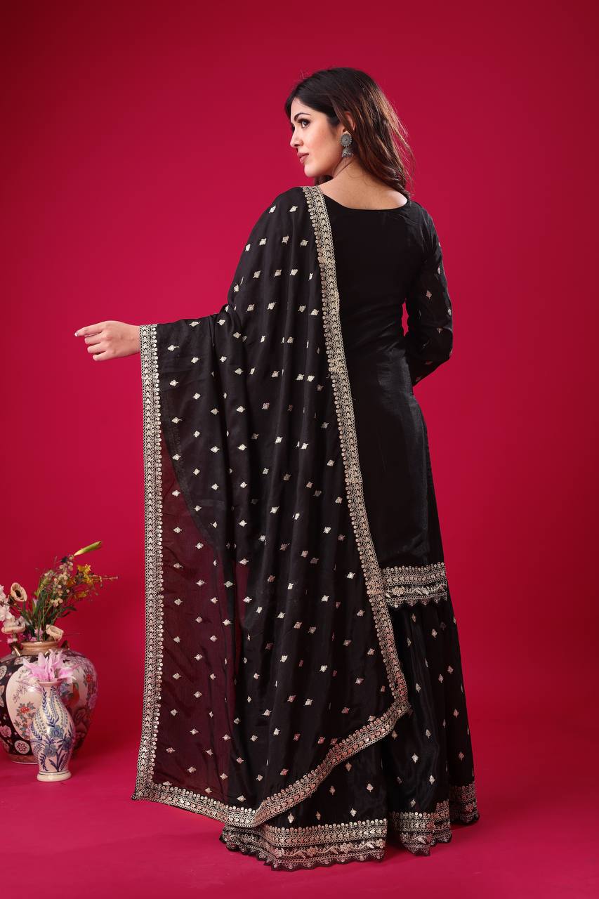 Teeya Creation Black Color Chinon Silk Heavy Embroidery Work Pakistani Fully Stitched Salwar Suit | Grocsy