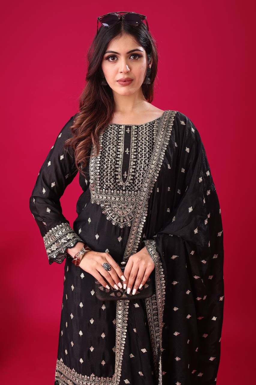 Teeya Creation Black Color Chinon Silk Heavy Embroidery Work Pakistani Fully Stitched Salwar Suit | Grocsy