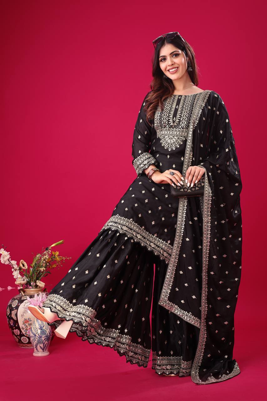 Teeya Creation Black Color Chinon Silk Heavy Embroidery Work Pakistani Fully Stitched Salwar Suit | Grocsy