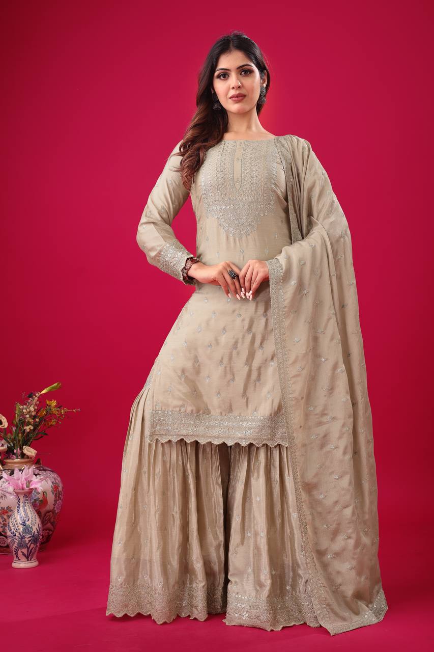 Teeya Creation Chiku Color Chinon Silk Heavy Embroidery Work Pakistani Fully Stitched Salwar Suit | Grocsy