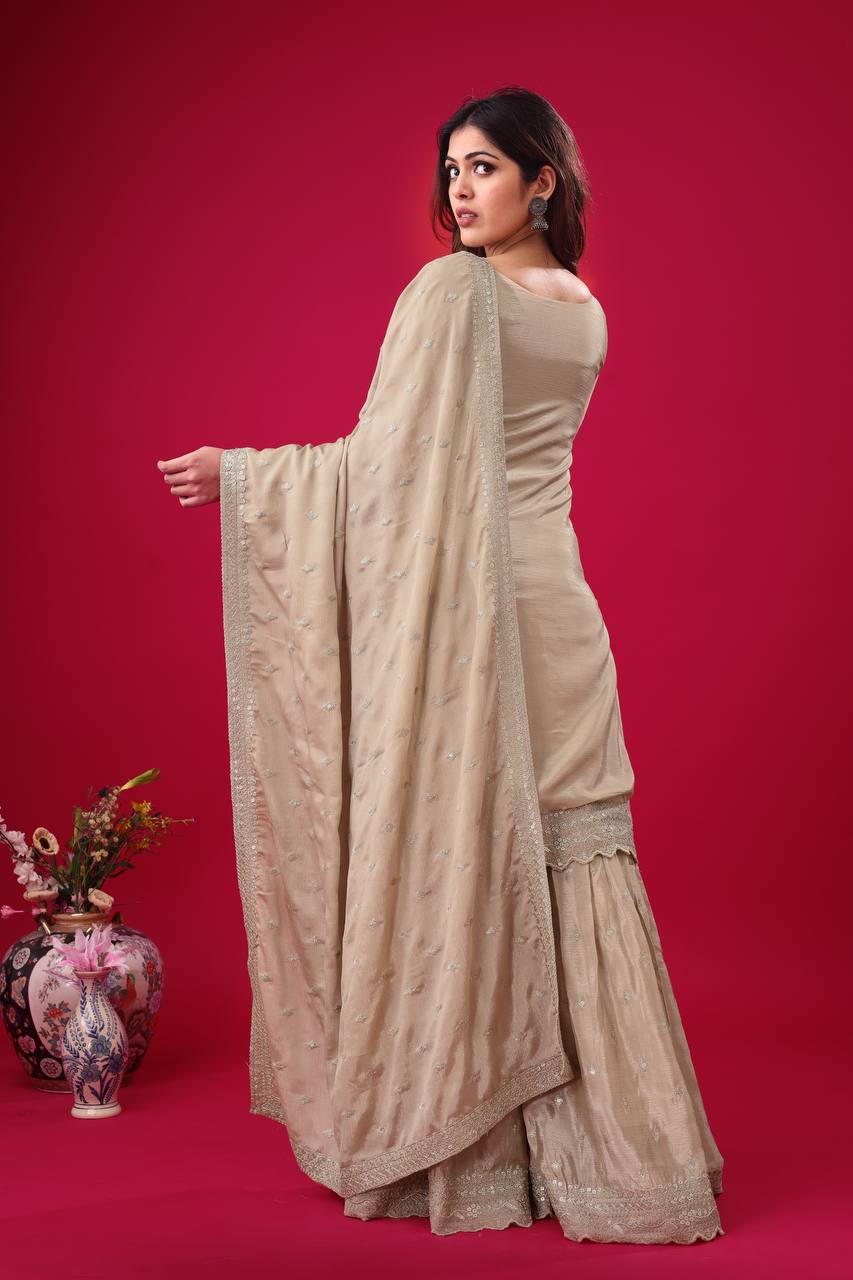 Teeya Creation Chiku Color Chinon Silk Heavy Embroidery Work Pakistani Fully Stitched Salwar Suit | Grocsy