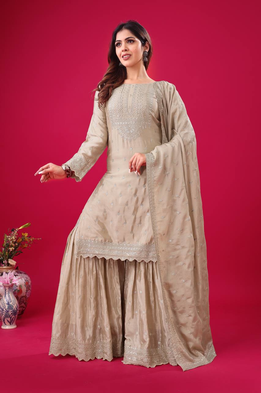 Teeya Creation Chiku Color Chinon Silk Heavy Embroidery Work Pakistani Fully Stitched Salwar Suit | Grocsy
