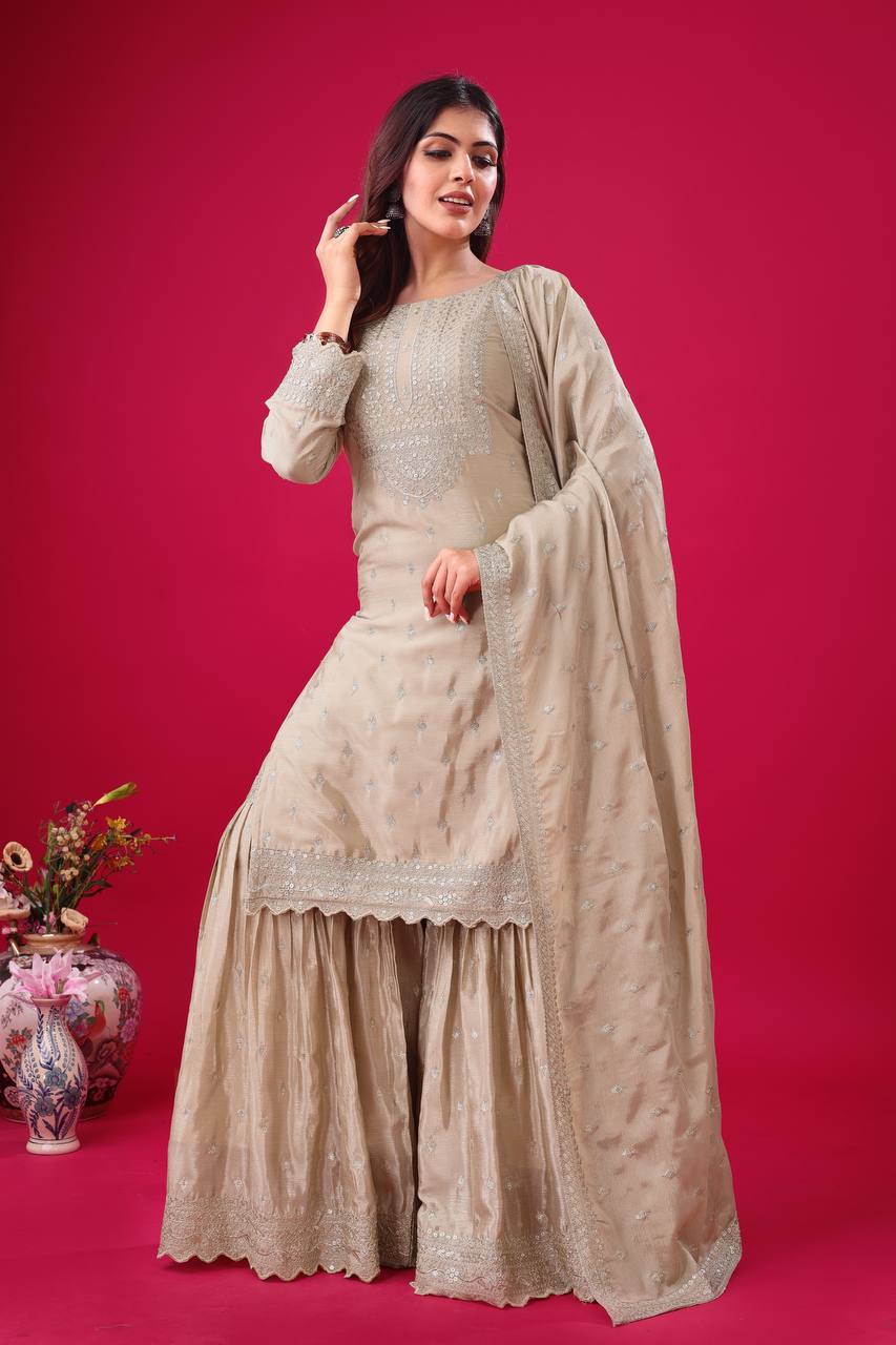 Teeya Creation Chiku Color Chinon Silk Heavy Embroidery Work Pakistani Fully Stitched Salwar Suit | Grocsy