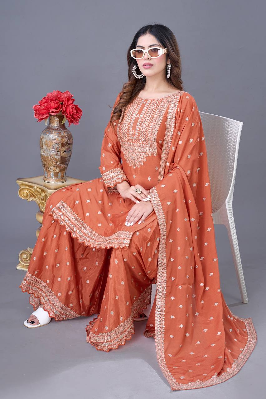 Teeya Creation Orange Color Chinon Silk Heavy Embroidery Work Pakistani Fully Stitched Salwar Suit | Grocsy