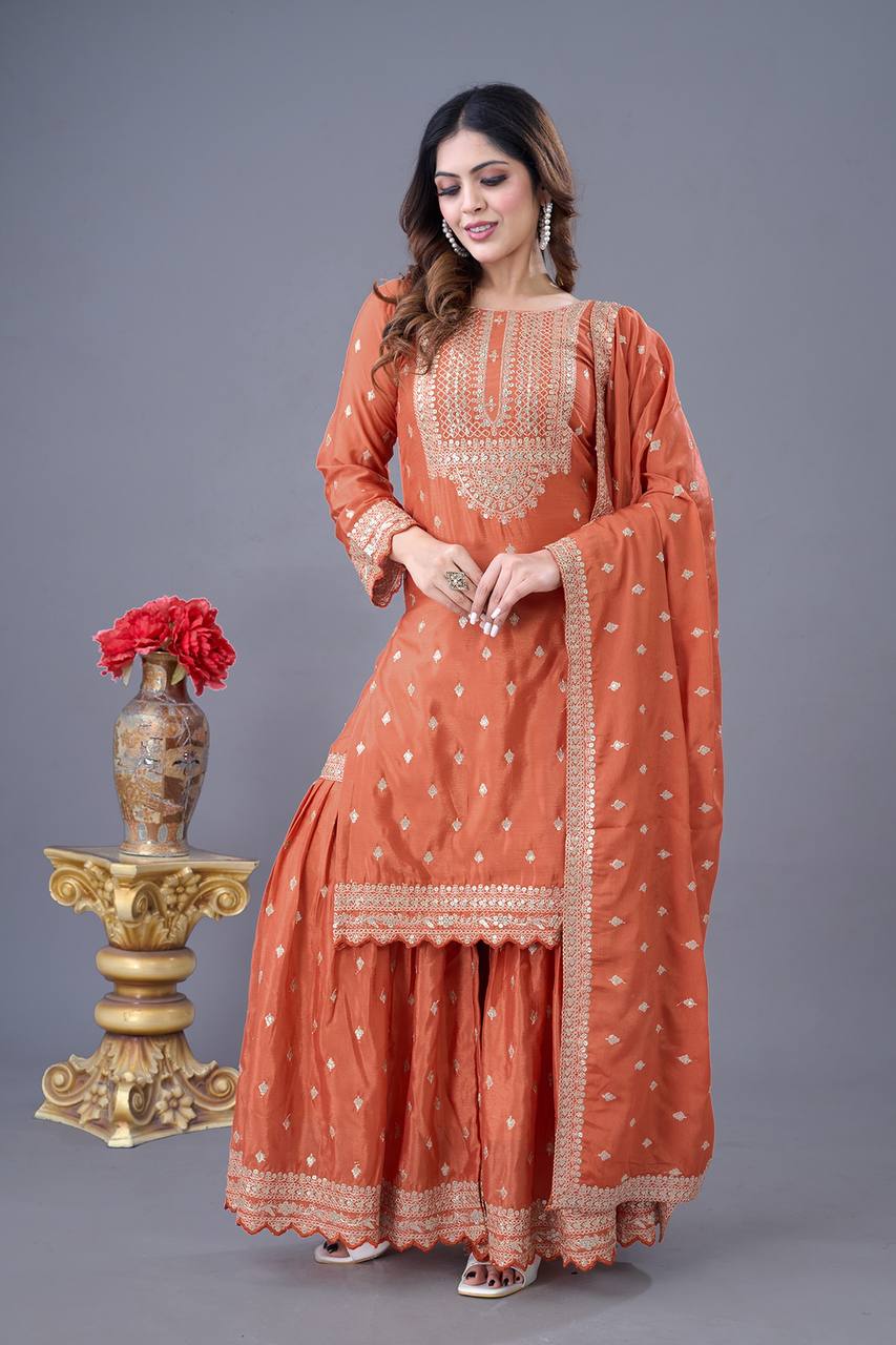 Teeya Creation Orange Color Chinon Silk Heavy Embroidery Work Pakistani Fully Stitched Salwar Suit | Grocsy