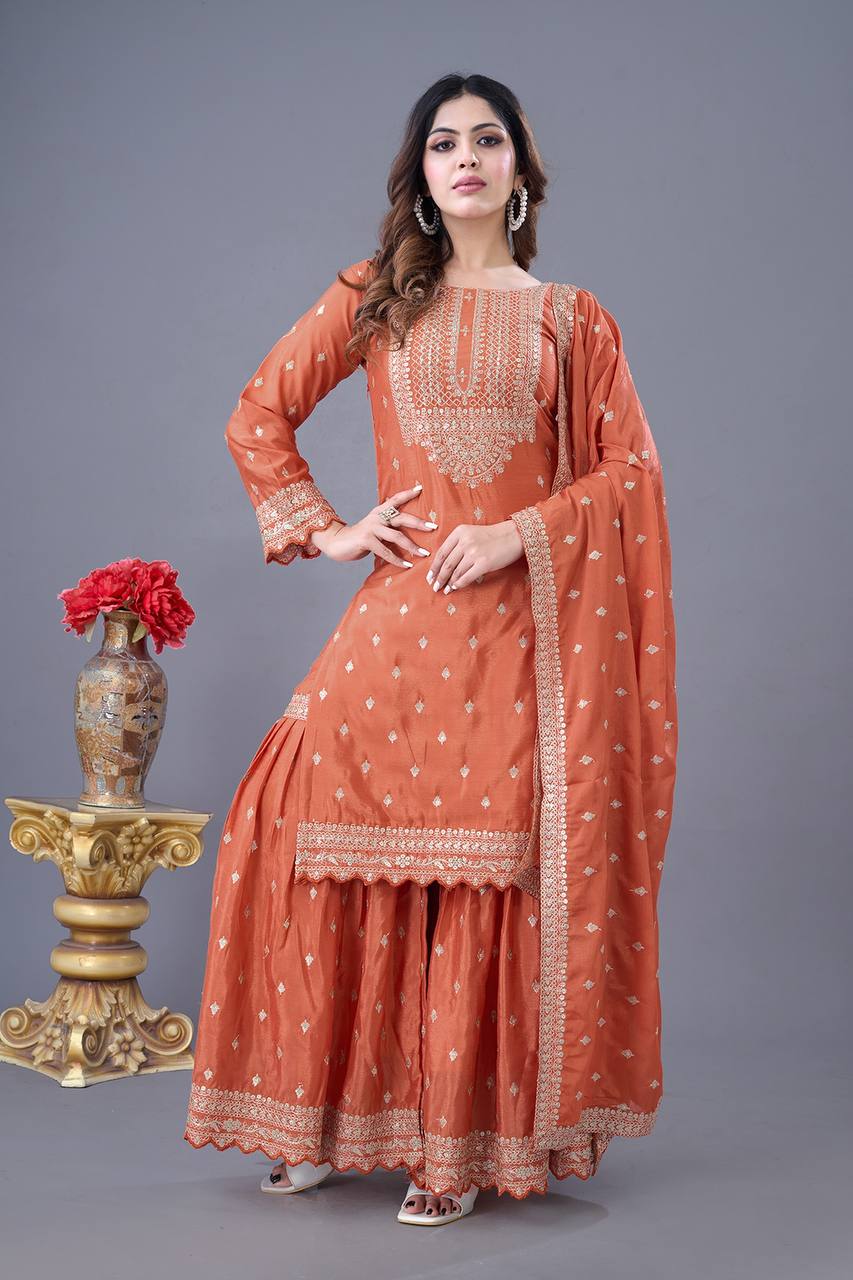 Teeya Creation Orange Color Chinon Silk Heavy Embroidery Work Pakistani Fully Stitched Salwar Suit | Grocsy