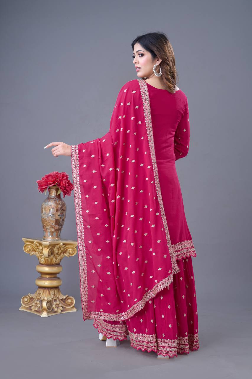 Teeya Creation Rani Color Chinon Silk Heavy Embroidery Work Pakistani Fully Stitched Salwar Suit | Grocsy