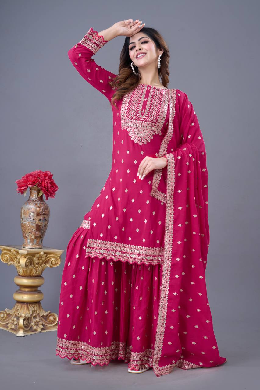 Teeya Creation Rani Color Chinon Silk Heavy Embroidery Work Pakistani Fully Stitched Salwar Suit | Grocsy