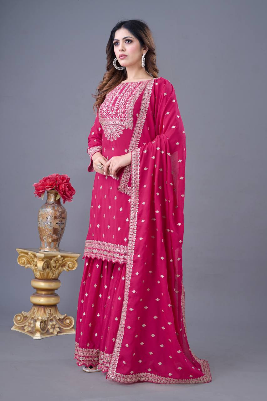 Teeya Creation Rani Color Chinon Silk Heavy Embroidery Work Pakistani Fully Stitched Salwar Suit | Grocsy