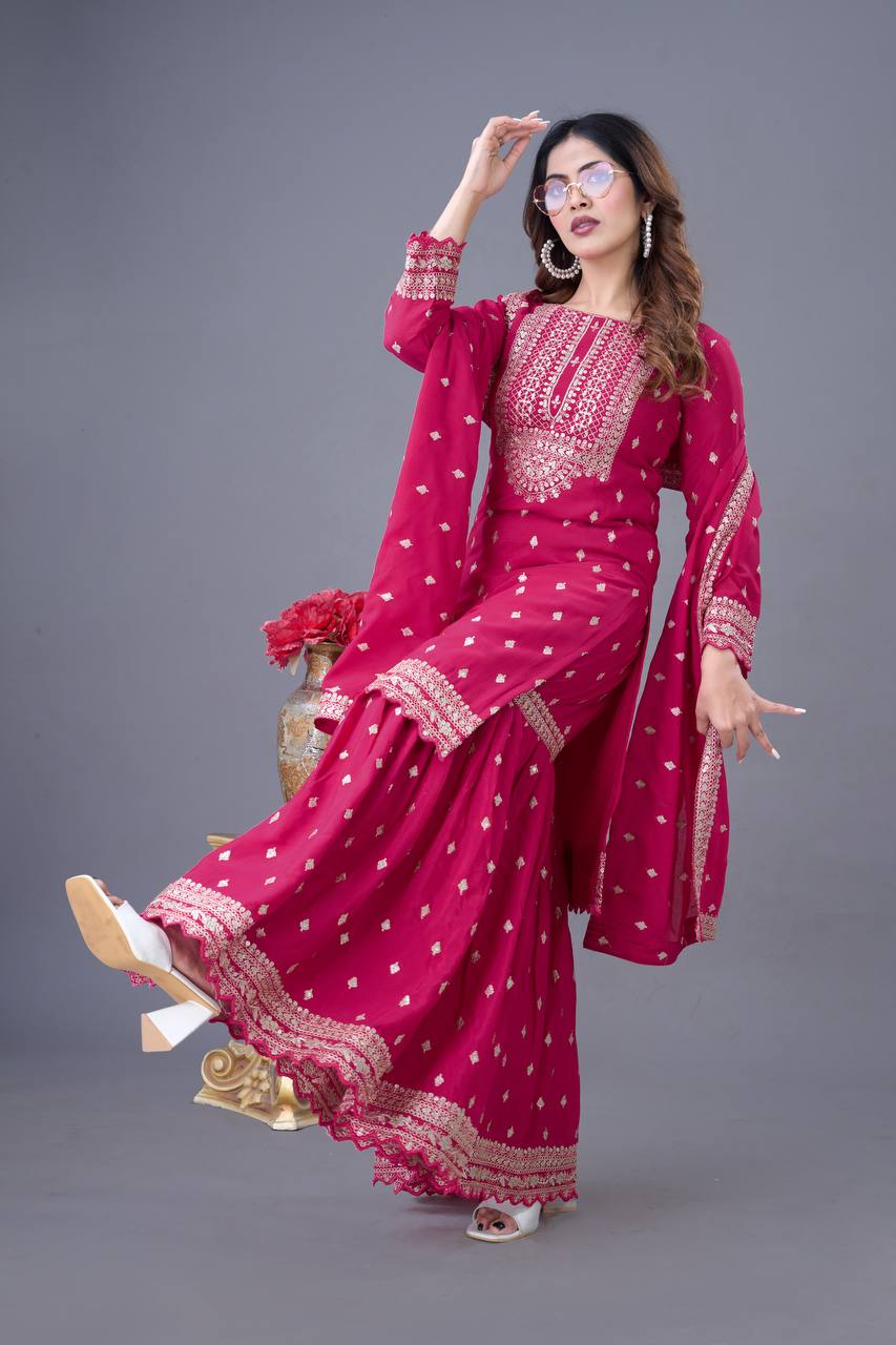 Teeya Creation Rani Color Chinon Silk Heavy Embroidery Work Pakistani Fully Stitched Salwar Suit | Grocsy