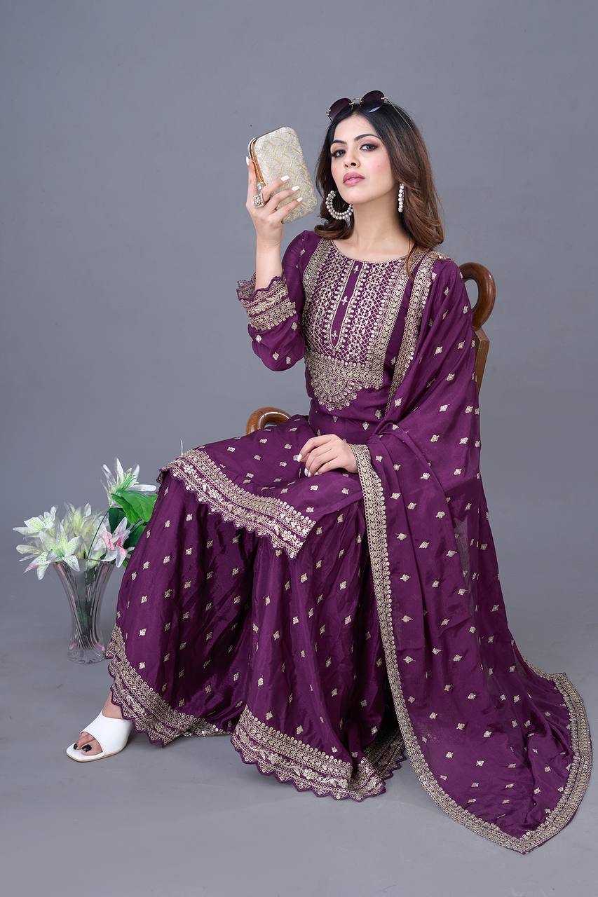 Teeya Creation Wine Color Chinon Silk Heavy Embroidery Work Pakistani Fully Stitched Salwar Suit | Grocsy