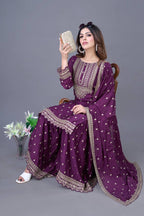 Teeya Creation Wine Color Chinon Silk Heavy Embroidery Work Pakistani Fully Stitched Salwar Suit | Grocsy