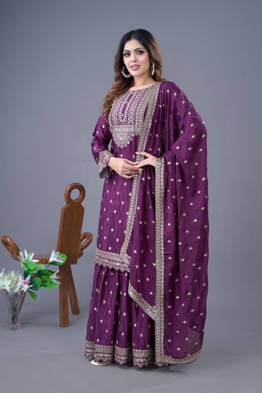 Teeya Creation Wine Color Chinon Silk Heavy Embroidery Work Pakistani Fully Stitched Salwar Suit | Grocsy