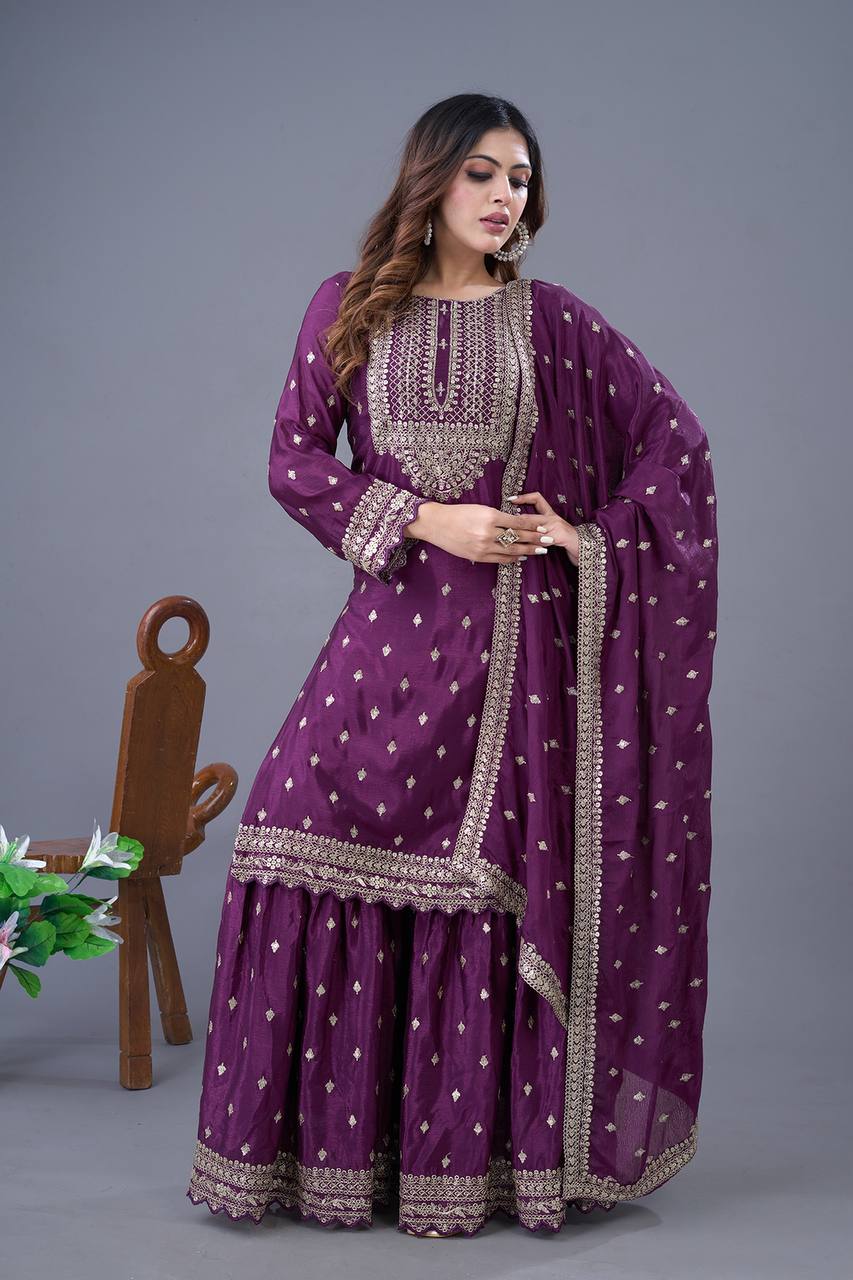 Teeya Creation Wine Color Chinon Silk Heavy Embroidery Work Pakistani Fully Stitched Salwar Suit | Grocsy
