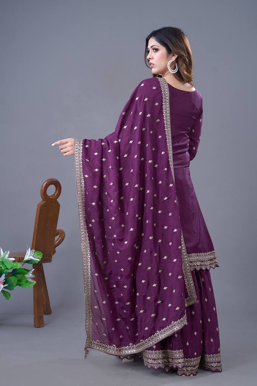 Teeya Creation Wine Color Chinon Silk Heavy Embroidery Work Pakistani Fully Stitched Salwar Suit | Grocsy
