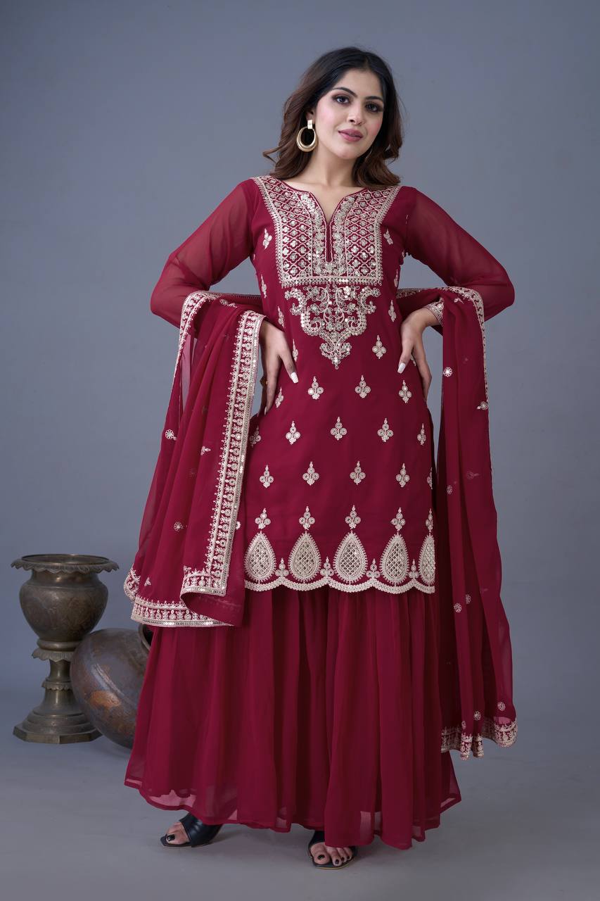 Teeya Creation Maroon Color Faux Georgette Heavy Embroidery Work Pakistani Fully Stitched Salwar Suit | Grocsy