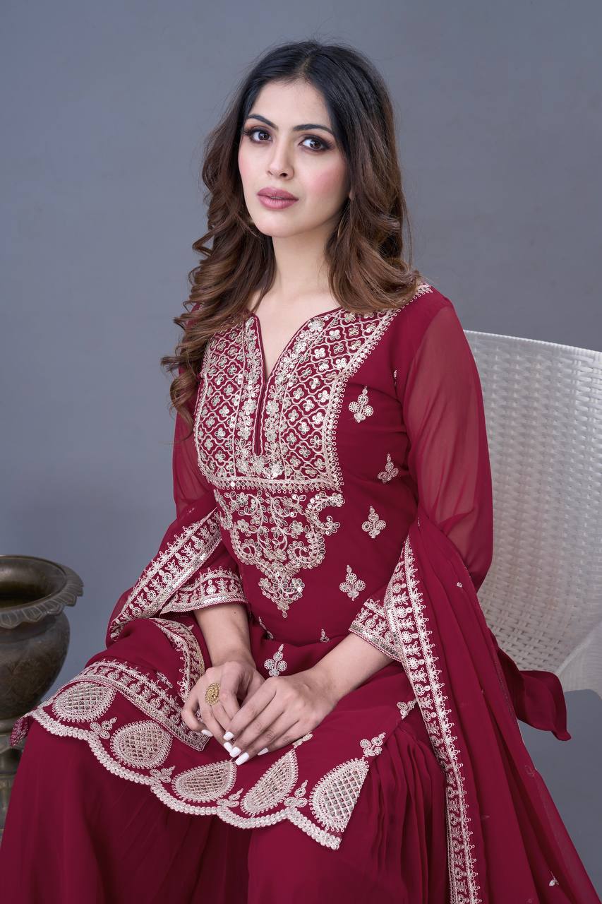 Teeya Creation Maroon Color Faux Georgette Heavy Embroidery Work Pakistani Fully Stitched Salwar Suit | Grocsy