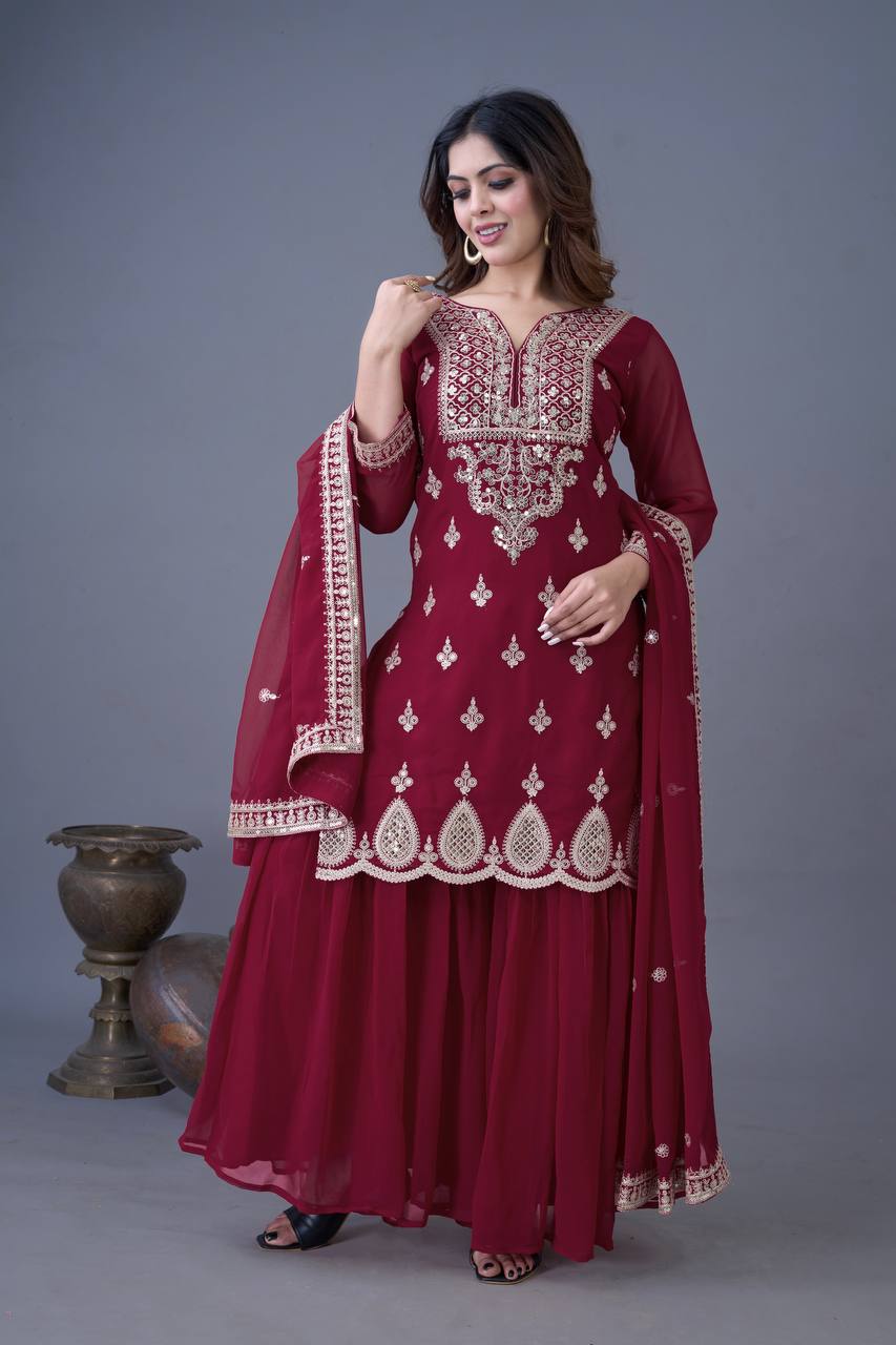 Teeya Creation Maroon Color Faux Georgette Heavy Embroidery Work Pakistani Fully Stitched Salwar Suit | Grocsy