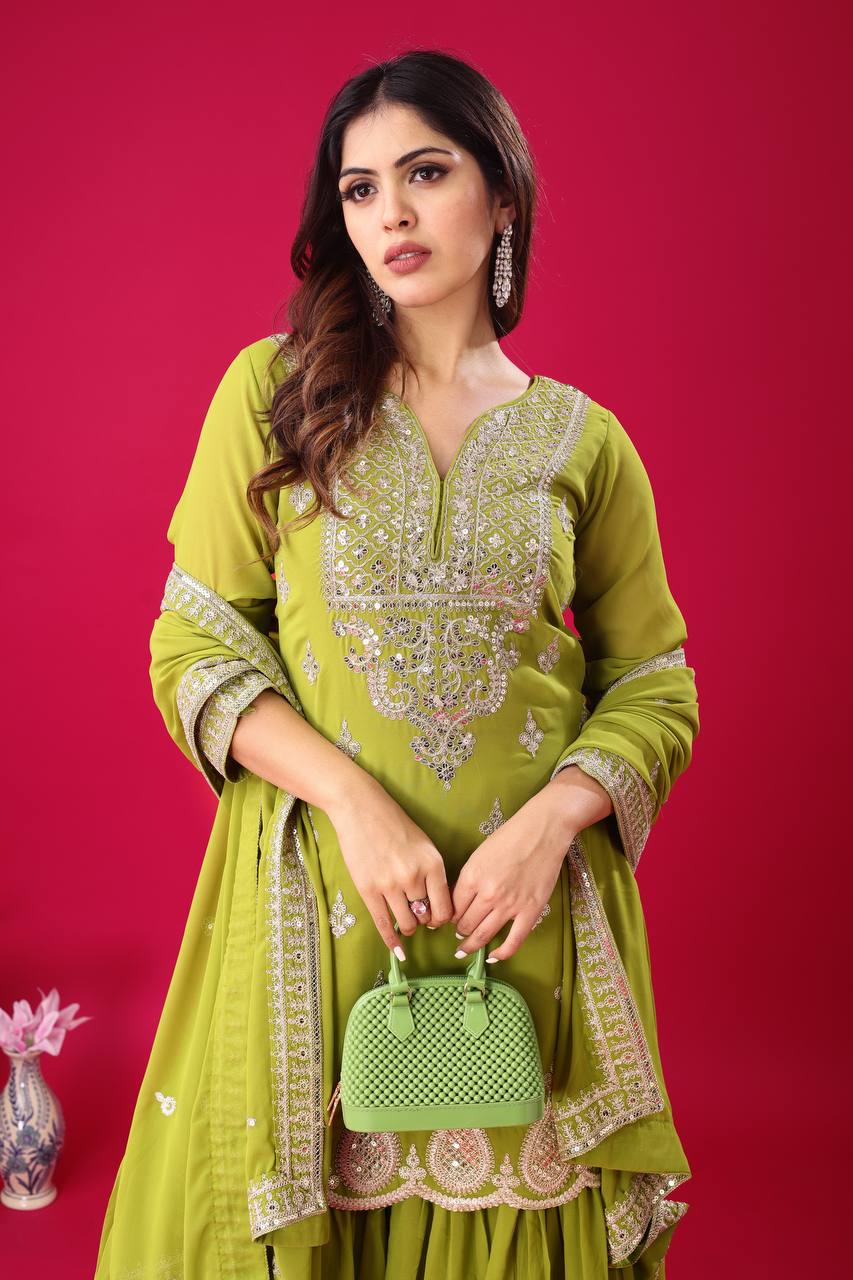 Teeya Creation Olive Color Faux Georgette Heavy Embroidery Work Pakistani Fully Stitched Salwar Suit | Grocsy