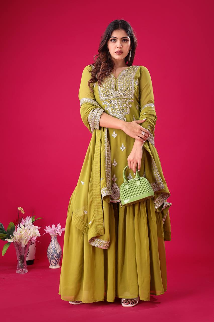 Teeya Creation Olive Color Faux Georgette Heavy Embroidery Work Pakistani Fully Stitched Salwar Suit | Grocsy