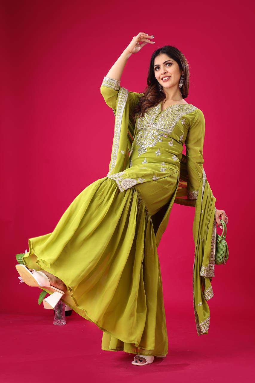 Teeya Creation Olive Color Faux Georgette Heavy Embroidery Work Pakistani Fully Stitched Salwar Suit | Grocsy