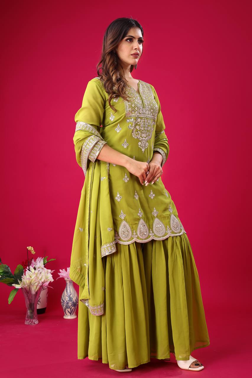 Teeya Creation Olive Color Faux Georgette Heavy Embroidery Work Pakistani Fully Stitched Salwar Suit | Grocsy