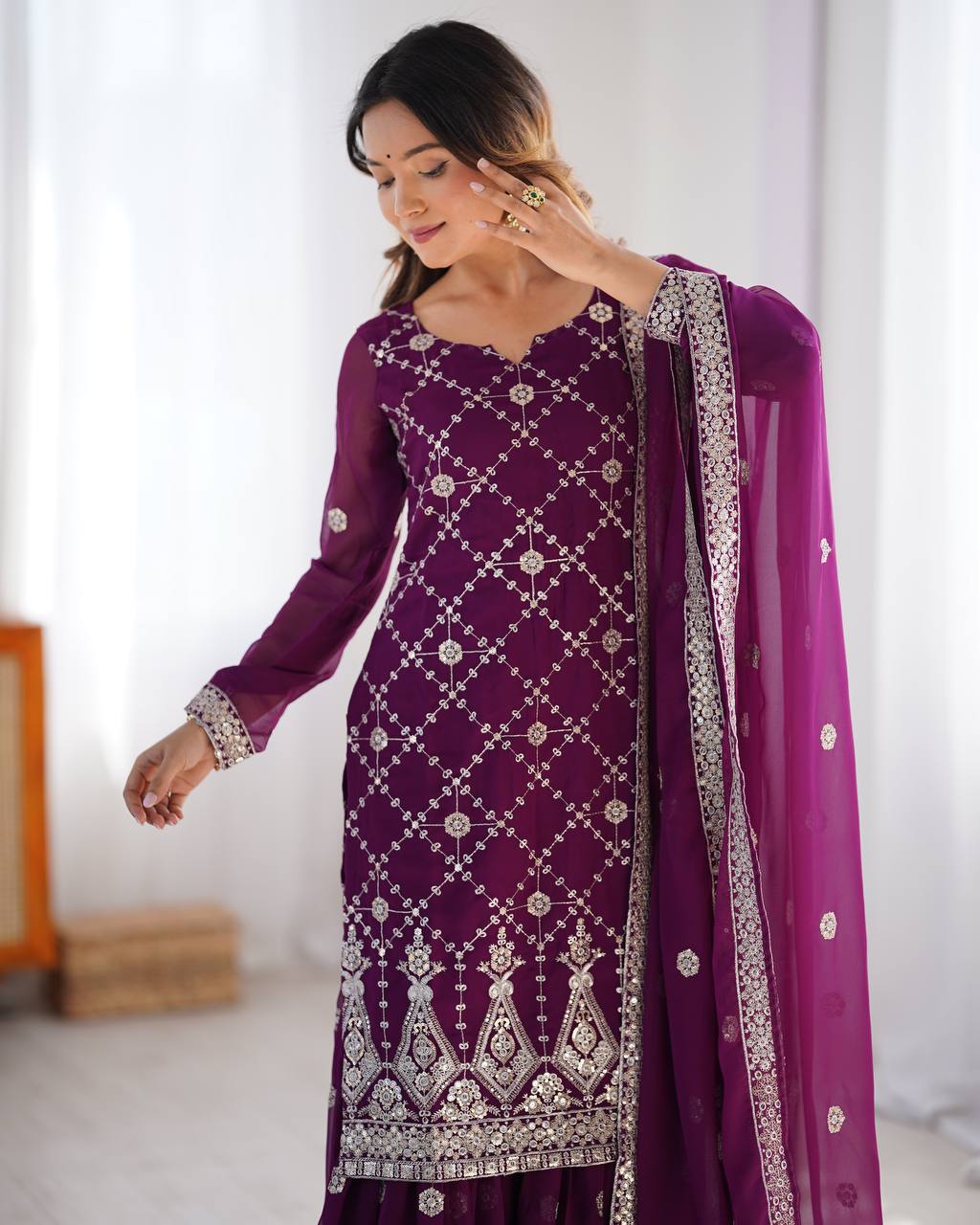 Teeya Creation Wine Color Faux Georgette Embroidery Work Fully Stitched Salwar Suit | Grocsy