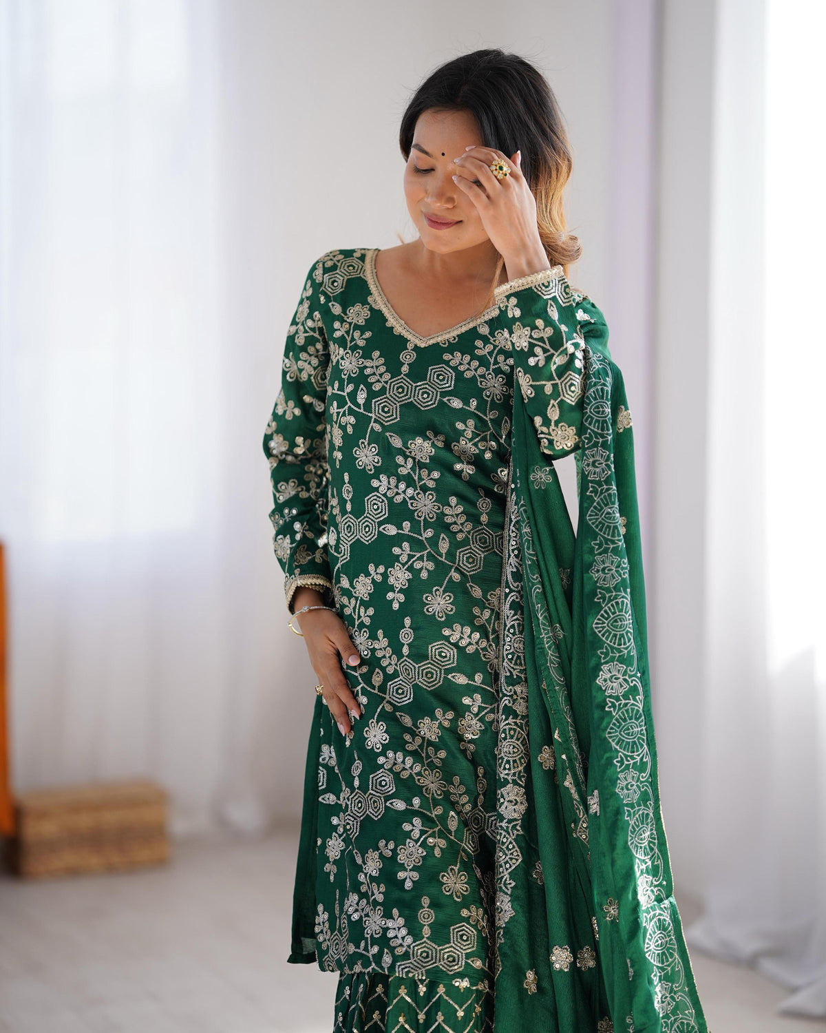Teeya Creation Green Color Chinnon Silk Embroidery Work Fully Stitched Salwar Suit | Grocsy