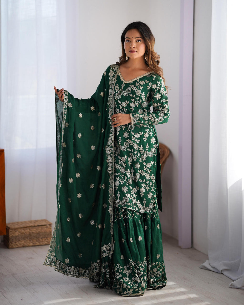 Teeya Creation Green Color Chinnon Silk Embroidery Work Fully Stitched Salwar Suit | Grocsy