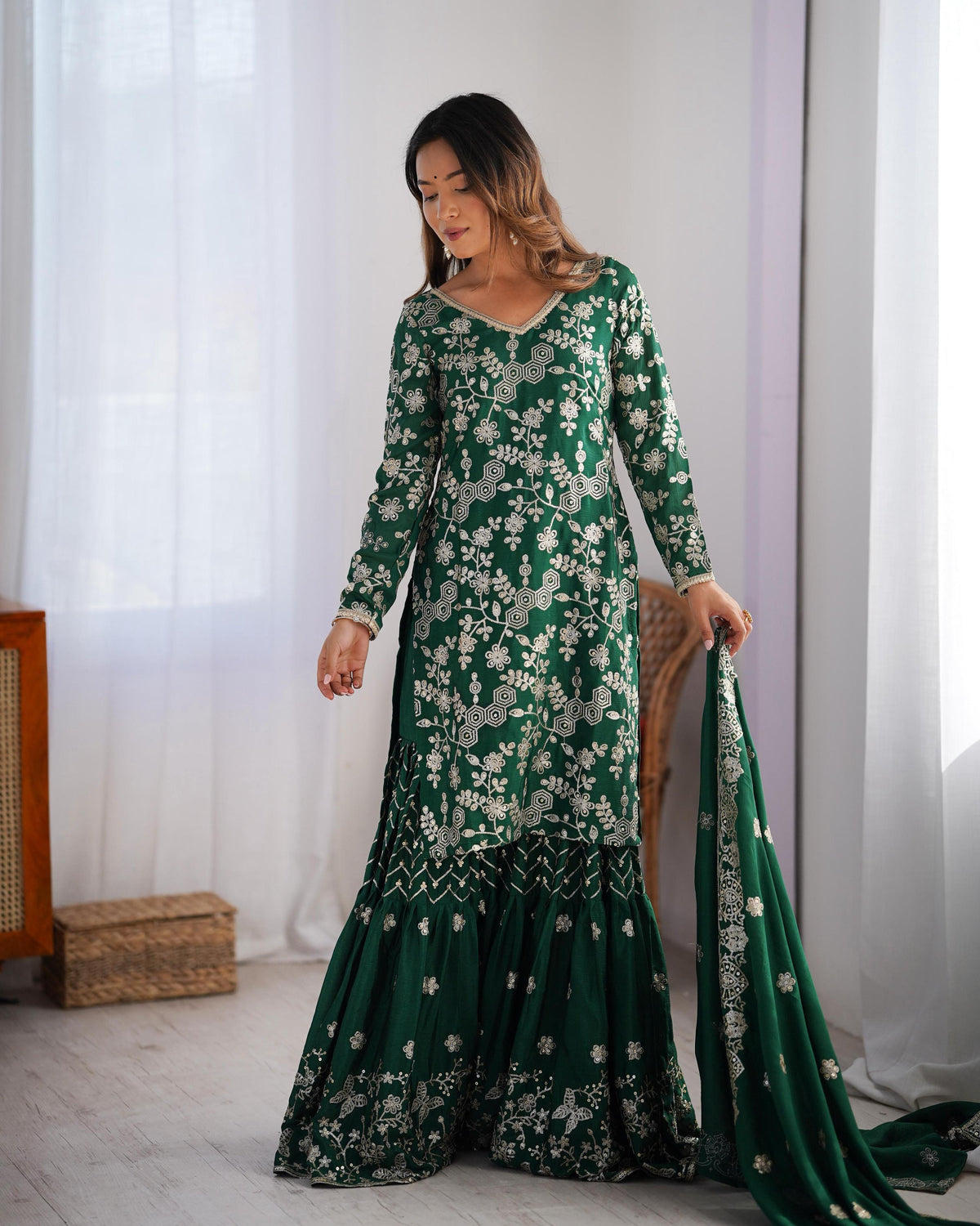 Teeya Creation Green Color Chinnon Silk Embroidery Work Fully Stitched Salwar Suit | Grocsy
