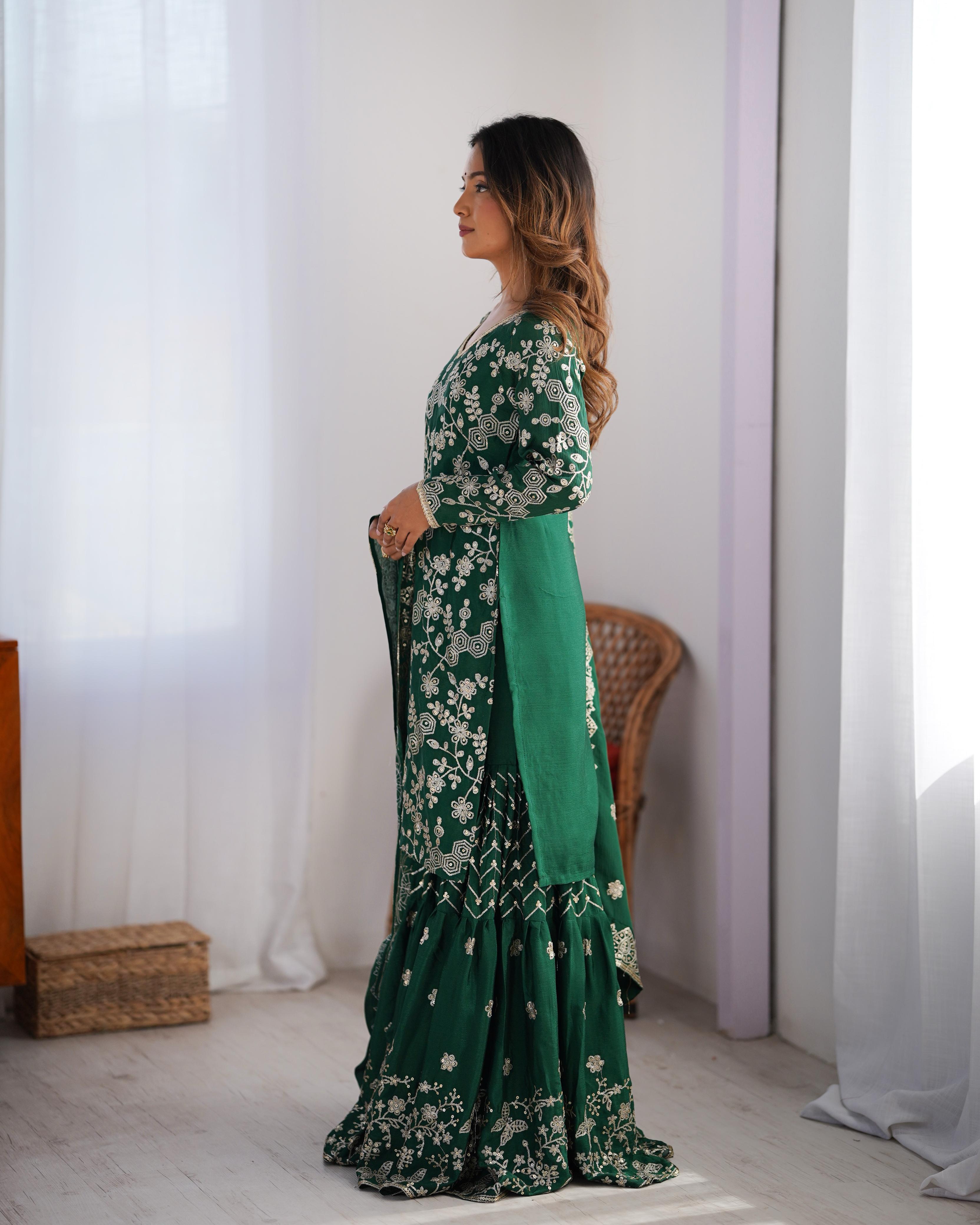 Teeya Creation Green Color Chinnon Silk Embroidery Work Fully Stitched Salwar Suit | Grocsy