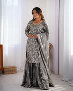 Teeya Creation Grey Color Chinnon Silk Embroidery Work Fully Stitched Salwar Suit | Grocsy