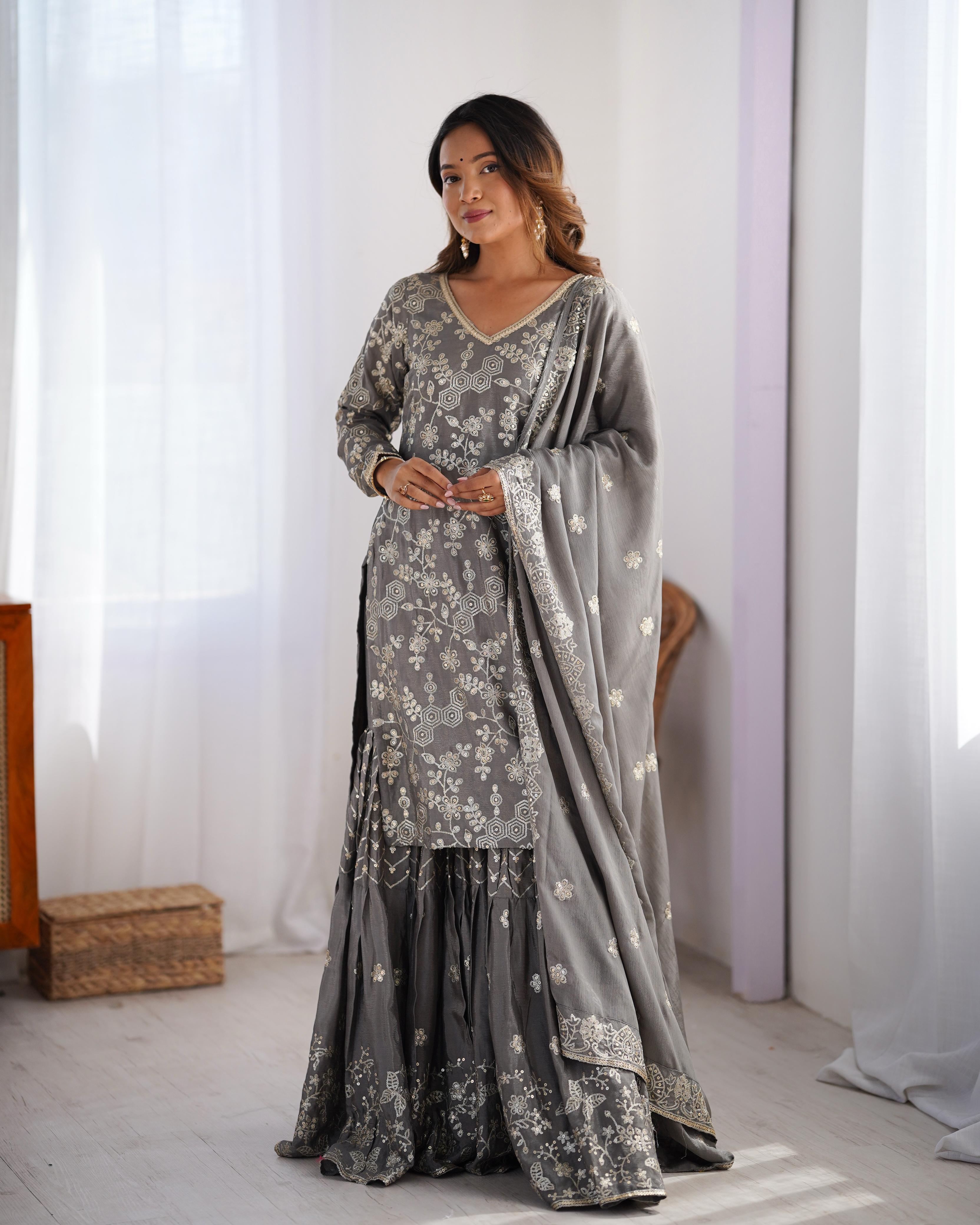 Teeya Creation Grey Color Chinnon Silk Embroidery Work Fully Stitched Salwar Suit | Grocsy