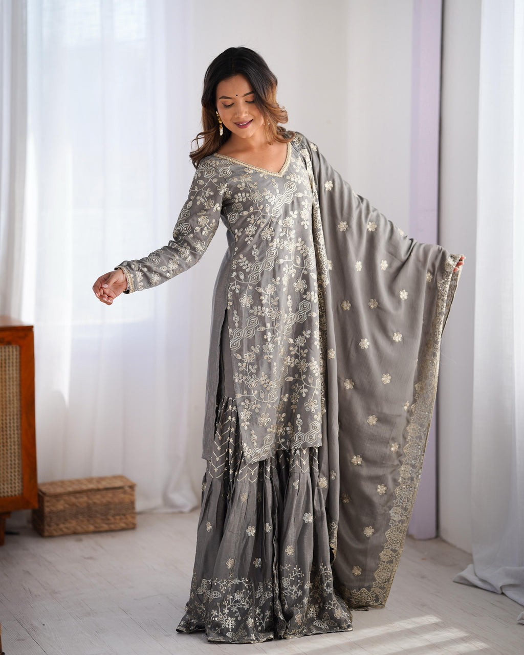 Teeya Creation Grey Color Chinnon Silk Embroidery Work Fully Stitched Salwar Suit | Grocsy